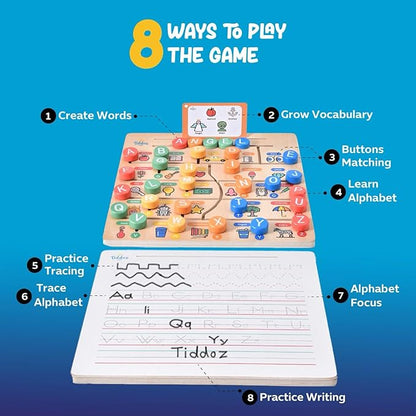 Maze & Trace Alphabet Double-Sided 8in1 Modes! Montessori Toy for Toddlers 3-6 Years. Wooden Puzzle, Flashcards, Tracing & 100+ Sight Words. Encourages Early Literacy & Motor Skills!