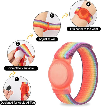 For AirTag Bracelet for Kids, Protective Cover for Apple Air Tag with Nylon Wristband, Anti Lost GPS Trackers Case Cover Elastic Watch Band for Toddlers Girls Boys Elders(Rainbow)