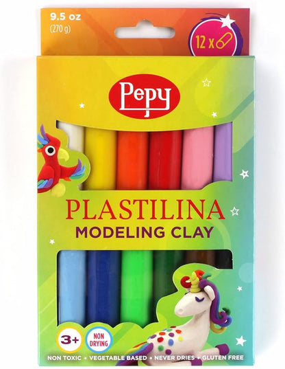 Pepy Plastilina Reusable and Non-Drying Modeling Clay; Box of 12-Color Sticks, 0.8 Ounce Each, Perfect for Arts and Crafts Projects