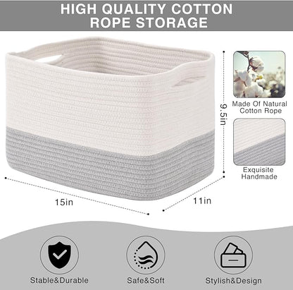 ICERZCZ Storage Baskets for Organizing Shelves, Woven Cotton Rope Bins for Baby Nursery Organization, Book Toy Towel Organizer, 15"x11"x9.5", 3 Packs, Off White & Grey