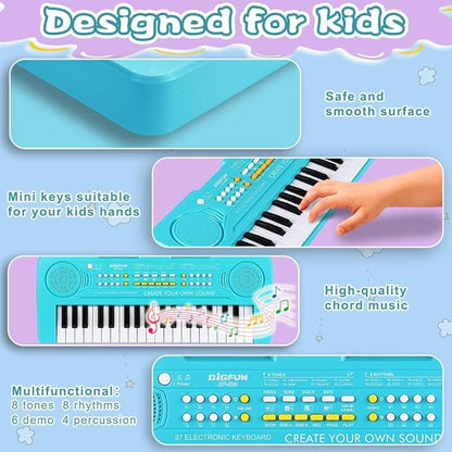 Keyboard Piano for Kids, BIGFUN 37 Keys Toddler Piano Multifunction Music Educational Instrument Toy, Electronic Kids Keyboard for 3-7 Year Old Girls and Boys (Blue)