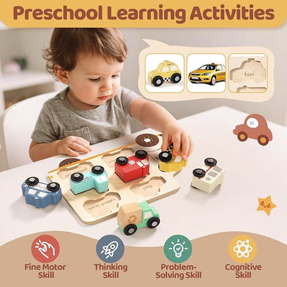 AIGIMU Wooden Toddler Puzzles,Montessori Puzzle for Toddlers 1-3,Montessori Toys for 1 2 3 Years Old Boys Girls Educational Toys with 6 Emergency and City Vehicles,Wooden Toy Cars for Toddler 1-3