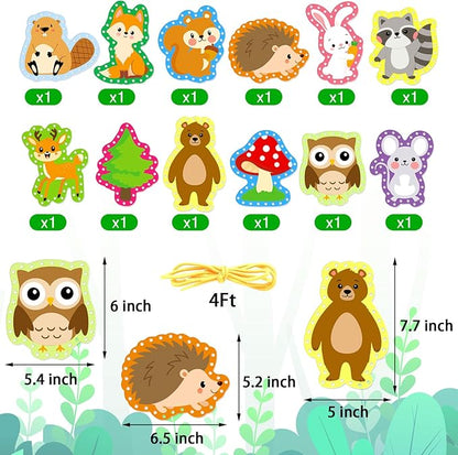 Omlisca Woodland Animals Lacing Cards 12 Pack Forest Animals Sewing Cards Owl Fox Bear Woodland Theme Party Decor Arts and Crafts Gifts for Kids Toddler Preschool Developing Imagination Supplies
