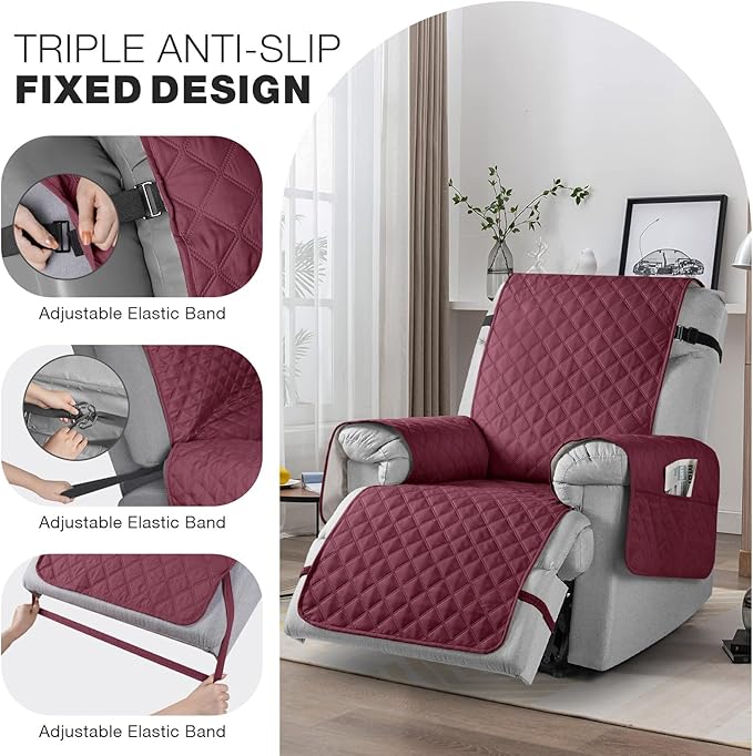 TAOCOCO Non-Slip Recliner Chair Cover Sofa Slipcover, Pet Cover for Large Recliner with Elastic Straps, Washable Chair Seat Cover Recliner Chair Furniture Protector (28'' Oversized, Wine)