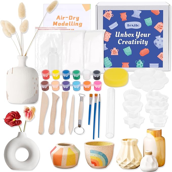 Texilo Air Dry Clay Kit for Adults, Pottery Starter Tools for Beginner, DIY Painting Making Set with Clay,Paints,Sculpting Tools,Varnish, Guide, Christmas Birthdays Gift for Arts Crafts Lover at Home