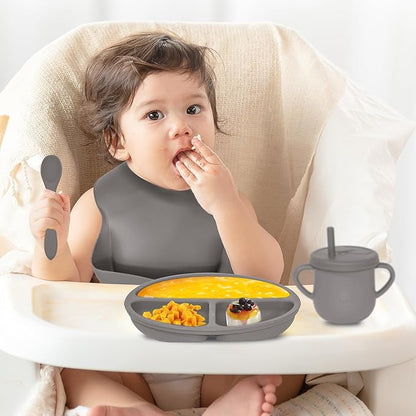 100% Silicone baby feeding set,BPA free Baby dishes set with Suction Bowl Divided Plate,Toddler Self Feeding Dish Set with Spoons Forks Sippy Cup And Bib, Baby Eating Utensils (Light Brown)