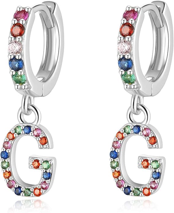 Presentski Initial Earrings 925 Sterling Silver Colorful Huggie Small Hoop Earrings Rainbow CZ Drop Dangle Simple Alphabet Earrings S925 Hypoallergenic Earring Letter A-Z for Daughter Women