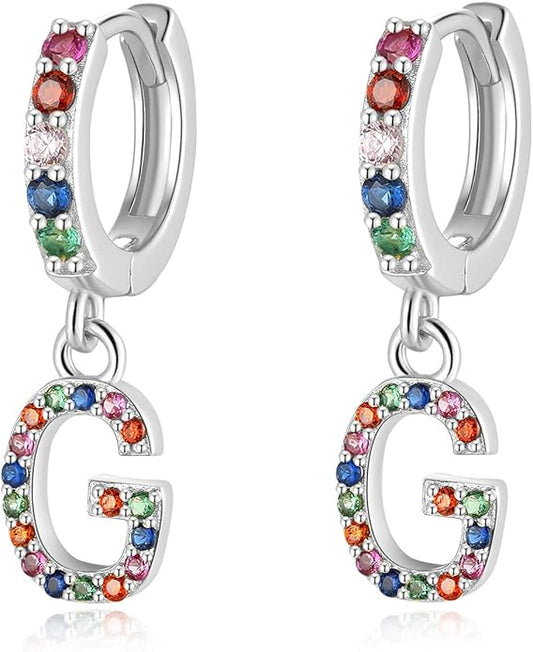 Presentski Initial Earrings 925 Sterling Silver Colorful Huggie Small Hoop Earrings Rainbow CZ Drop Dangle Simple Alphabet Earrings S925 Hypoallergenic Earring Letter A-Z for Daughter Women