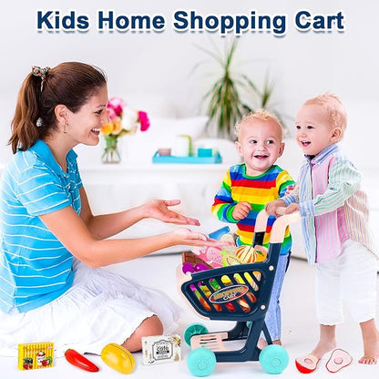 deAO Toddlers Shopping Cart Trolley Set Kids Pretend Grocery Cart Play Toy with Pretend Play Food Shopping Day Realistic Kitchen Accessories for Kids Girls Boys