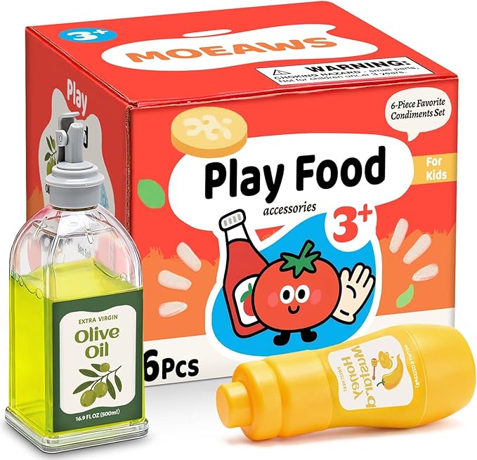 6 Pcs Condiment Toys with Storage Rack and Gift Box, Play Food Set for Kids Kitchen, Pretend Food Play Kitchen Accessories for Toddler, Preschool Learning Toys for Boy Girl, Pretend Grocery Store