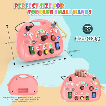 Montessori Busy Board with LED Light for Toddlers 2-4 Year Old, Sensory Toys with Sounds & Switches, Car Driving Travel Toys for Kids, Preschool Busy Book Boy and Girls Birthday Gifts (Pink)