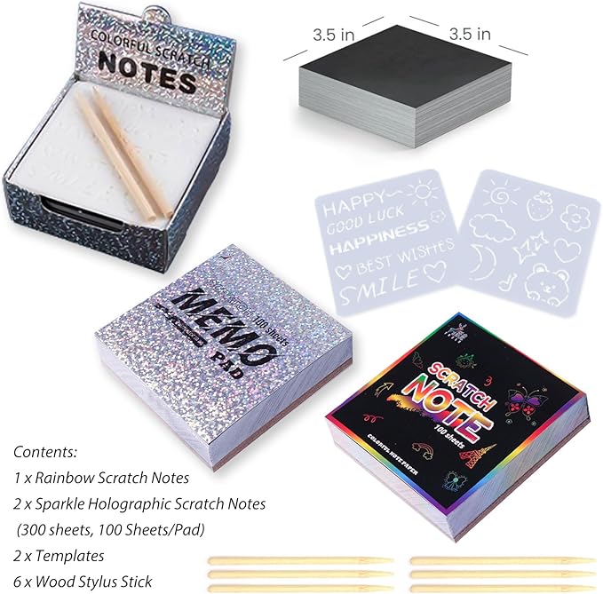 Rainbow Holographic Scratch Art Paper Mini Notes - 3 Pack Set (300 Sheets 3.5x3.5 in) with 2 Templates, Magic Scratch Cards for Kids Toy Arts Crafts DIY Party Favor Supplies for Boys Girls Christmas