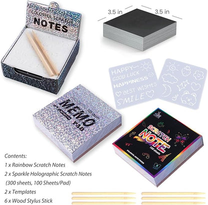 Rainbow Holographic Scratch Art Paper Mini Notes - 3 Pack Set (300 Sheets 3.5x3.5 in) with 2 Templates, Magic Scratch Cards for Kids Toy Arts Crafts DIY Party Favor Supplies for Boys Girls Christmas