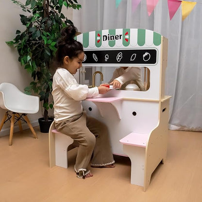 Garsing Toy Kitchen Playset with Real Sounds and Lights, Double Sided Kids Kitchen Playset with Restaurant, Wooden Play Kitchen with Cutting Food Set and Cooking Accessories for Kids Ages 3-8, Pink