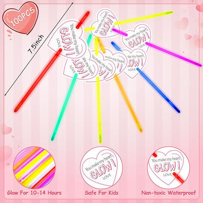 100 Sets Valentine's Day Party Supplies Gifts Include 100 Glow Sticks with 100 Heart Cards, Valentine Prize Exchange Cards Glow in the Dark Party Favors