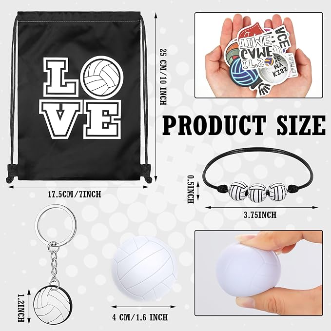 Capoda 98 Pcs Volleyball Party Favors Volleyball Team Gift 12 Pcs Keychain 12 Packs Sports Stress Ball 12 Pcs Small Drawstring Bag 12 Pcs Bracelets 50 Pcs Sticker