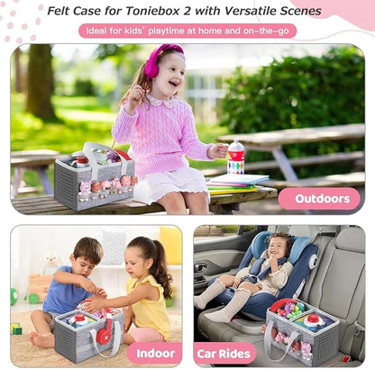PISOSN Carrying Case for Toniebox Starter Set and Tonies Figurines, Travel Felt Cloth Musical Toy Folding Bag for Toniebox 2 & Accessories (Gray)