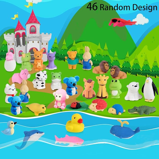 URSKYTOUS 46Pcs Animal Erasers Desk Pets for Kids Animal Pencil Erasers Bulk Puzzle Eraser Toys Gifts for Classroom Prizes,Game Reward,Treasure Box,Easter Egg Fillers,Goodie Bag Stuffers,Party Favors
