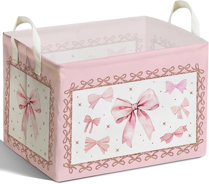 Pink Bow Foldable Storage Box, Waterproof Toy and Clothes Storage Box for Nursery Room, Pink Cute Bow Decorative Fabric Basket for Boys Girls Bedroom, Storage Basket Gifts for Bow Party Decoration