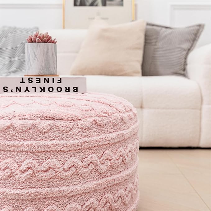 Pouf Ottoman Stuffed 20x20x12 Inches Floor Pouf Plush Fiber Ottoman Foot Rest Under Desk Foot Stool for Living Room Bedroom (Pink Pouf with Filler)