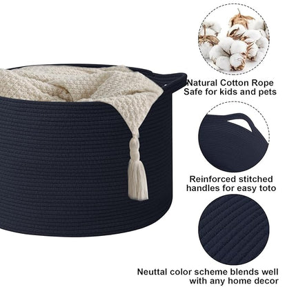 115L Large Blanket Basket,23.6" L x 23.6" W x 15.7" H Rope Woven Baskets with Handles, Toys Storage Bins,Laundry Basket Perfect for Living Room, Nursery,Bedroom,Home Organization,Navy