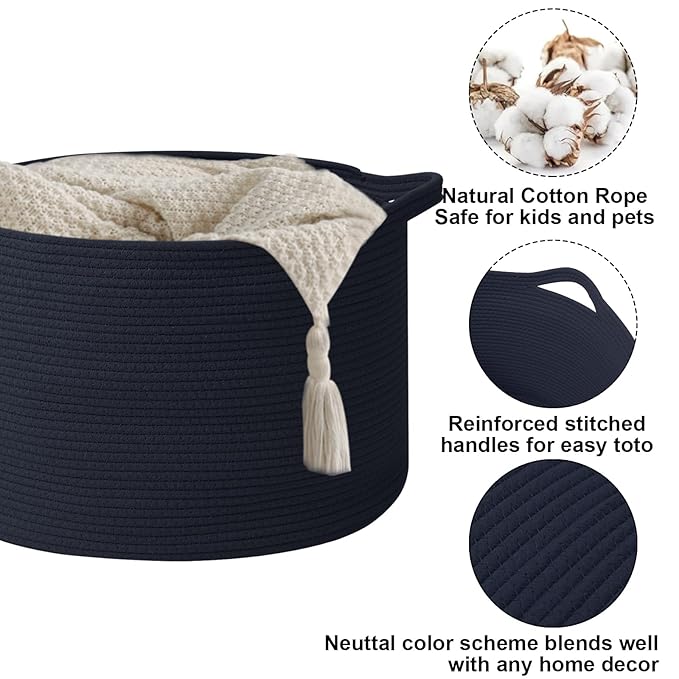 65L Large Blanket Basket,Cotton Rope Woven Storage Basket with Handles, Laundry Hamper for Toys, Clothes, Pillows & Towels, Perfect for Living Room, Nursery & Bedroom,Navy