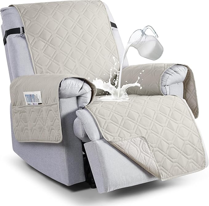 VANSOFY 100% Waterproof Recliner Chair Covers, Recliner Cover Non-Slip Dog Chair Cover Furniture Protector Washable Slipcover with Pocket, Elastic Straps for Pets, Dogs(Beige, 30")