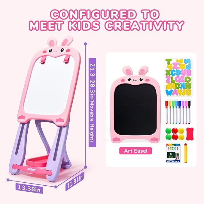 Adjustable Standing Toddler Art Easel with educatinal Accessories for Kid,4-in-1 Double-Side Magnetic Chalkboard&Whiteboard,Dry Eraser Board,Detachable&Portable,Ideal Birthday Gift for2-4,Bunny