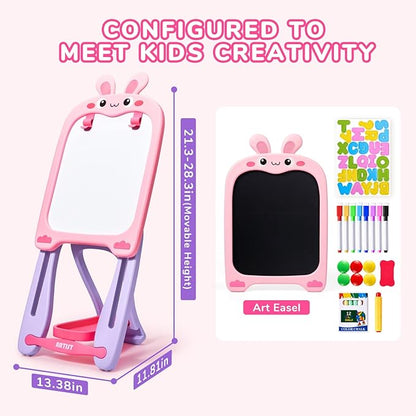 Adjustable Standing Toddler Art Easel with educatinal Accessories for Kid,4-in-1 Double-Side Magnetic Chalkboard&Whiteboard,Dry Eraser Board,Detachable&Portable,Ideal Birthday Gift for2-4,Bunny