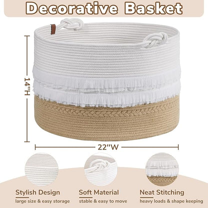 CherryNow Large Wicker Laundry Basket for Entryway, Bedroom, Jute Decorative Baskets for Clothes, Toys, Towel Basket for Bathrooom, 22 x 14 inches, 83L