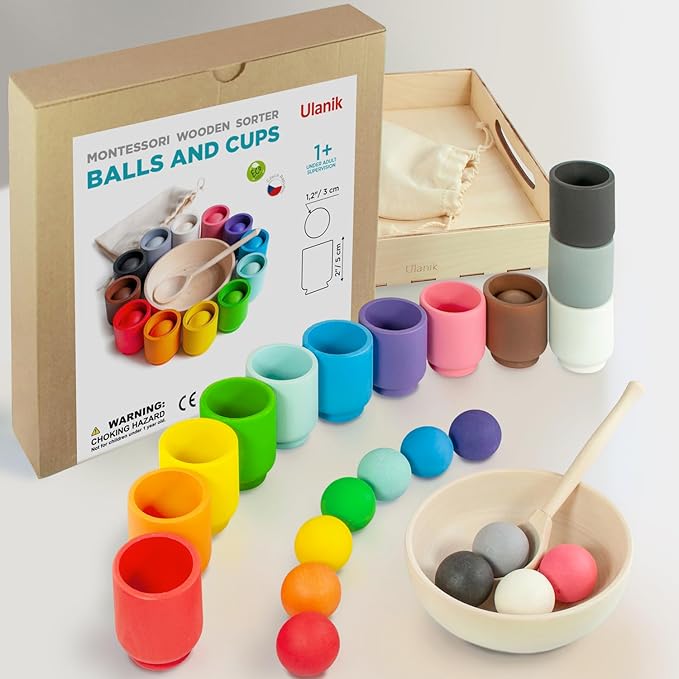 Ulanik Balls in Cups Toddler Montessori Toys for 1 Year Old + Kids Preschool Wooden Matching Games for Learning Color Sorting and Counting