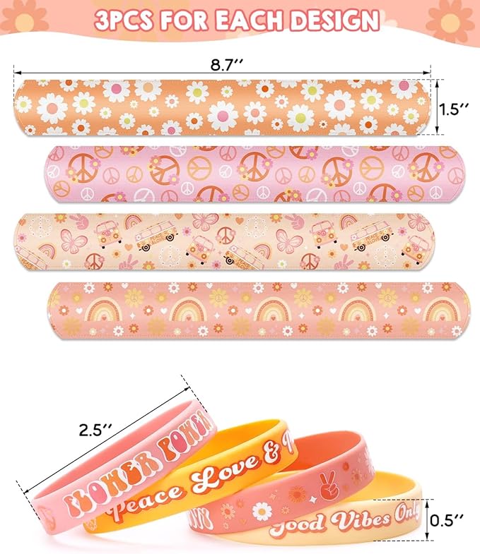 Sinasasspel Groovy Party Favors Set for Kids Adults Hippie Boho Silicone Bracelets Slap Bracelets Assortment Hippie Party Supplies Daisy Birthday Decorations(24 Count)