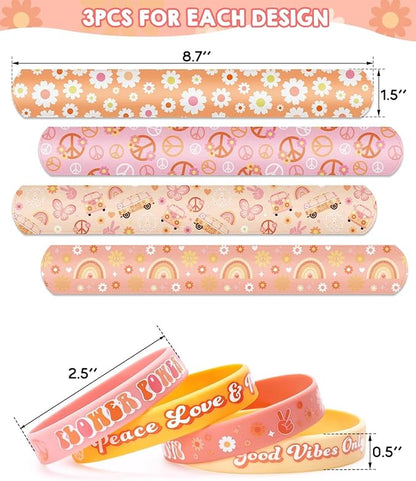 Sinasasspel Groovy Party Favors Set for Kids Adults Hippie Boho Silicone Bracelets Slap Bracelets Assortment Hippie Party Supplies Daisy Birthday Decorations(24 Count)