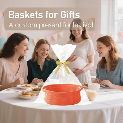 JMvicyroam Woven Basket,Small Rope Storage Bin with Handles & Ribbon Bag, Organizer for Shelves Closets,Gift Basket Empty for Birthday,Books,Dog Toys,Orange