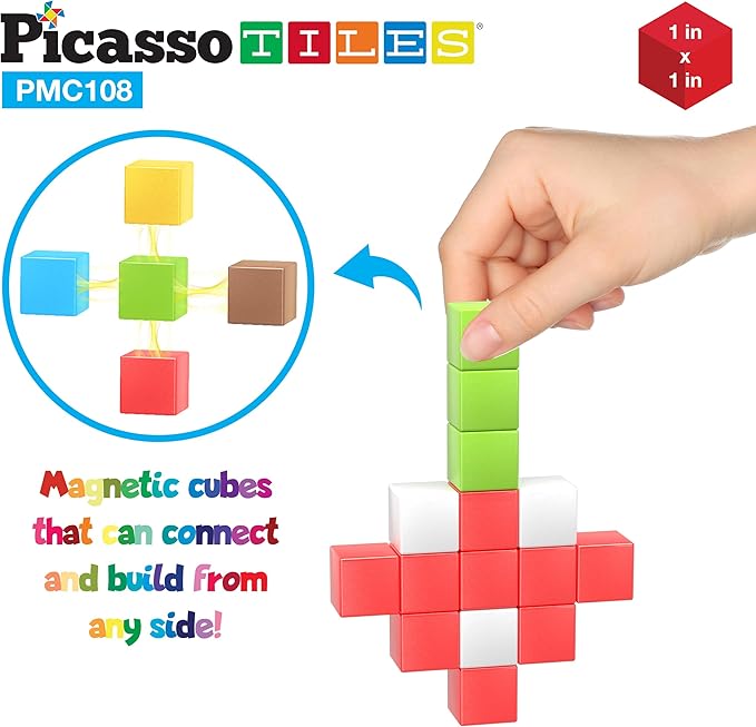 Picasso Cubes 1” Magnetic Puzzle Cubes 108 Piece Magnet Construction Building Block Set Sensory Toy Early Education STEM Learning, Free Ideabook with 50 Ideas, Children Age 3+ Boy Girl PMC108