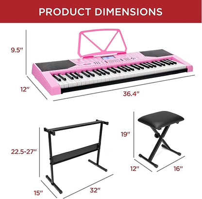 Best Choice Products 61-Key Beginners Complete Electronic Keyboard Piano Set w/Lighted Keys, LCD Screen, Headphones, Stand, Bench, Teaching Modes, Note Stickers, Built-In Speakers - Pink