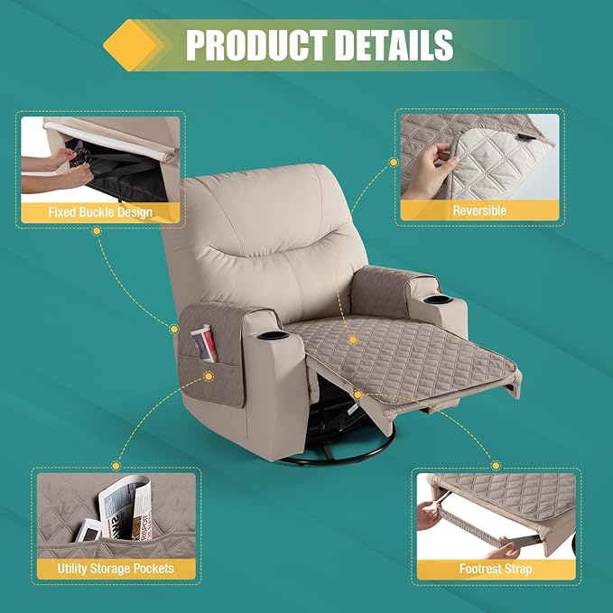 Ruaozz Waterproof Recliner Chair Covers Non Slip Chair Covers Recliner Seat Cover with Arms Washable Recliner Covers for Reclining Chair with Pocket, Covers for Recliner Chair (Khaki, Small-22'')