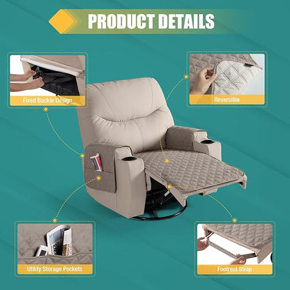 Ruaozz Waterproof Recliner Chair Covers Non Slip Chair Covers Washable Recliner Covers for Reclining Chair with Pockets Covers for Recliner Chair for Pets, Kids (Khaki, Medium-25'')