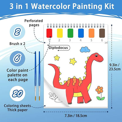 SOCOLER Paint with Water Coloring Books for Toddlers, Dinosaur Mess Free Watercolor Painting Papers for Kids Water Color Paint Kit with 2 Brushes Art Craft Birthday Gift for Ages 1-3, 4-8