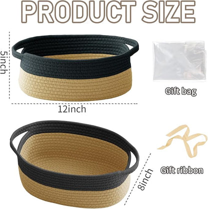 JMvicyroam Woven Basket,Small Rope Storage Bin with Handles & Ribbon Bag, Organizer for Shelves Closets,Gift Basket Empty for Birthday,Books,Dog Toys, Black&Jute/3 Pack