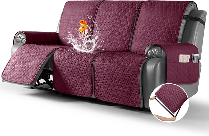 TAOCOCO 100% Waterproof Recliner Sofa Cover-Non Slip Split Couch Covers for Reclining Couches with Elastic Straps,Couch Covers for 3 Cushion Couch Sofa Pet Friendly(Wine, 3 Seater)