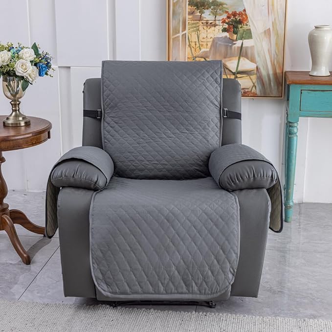 XINEAGE Water Resistant Recliner Cover, Nonslip Recliner Chair Covers for Reclining Chair with Pockets, Quilted Thick Recliner Slipcovers for Pets and Kids (Recliner Chair, Dark Gray)