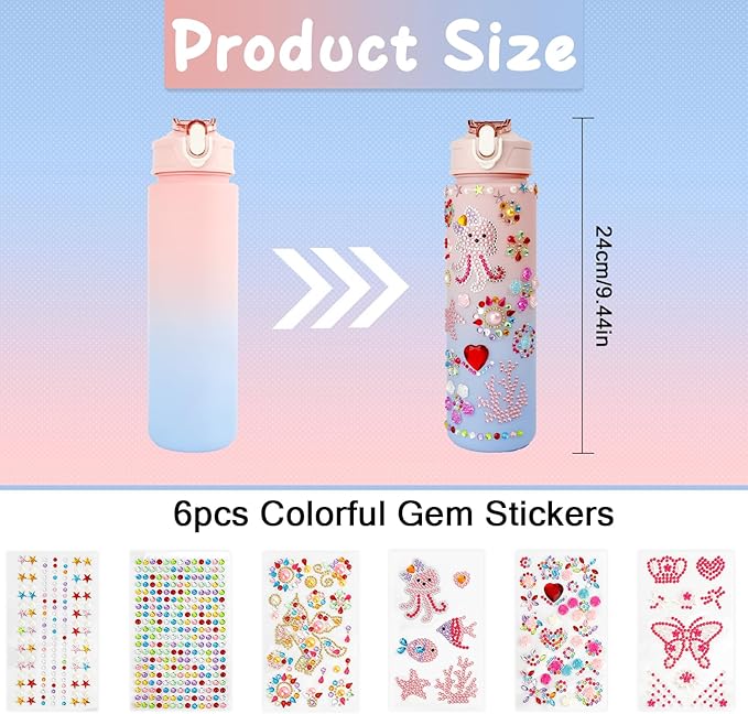 Valentines Day Gifts for Girls Decorate Your Own Water Bottle Kits for Girls 4-12 Girls Water Bottle Gem Stickers DIY Arts and Crafts Kits Supplies for Girls Birthday Easter Gifts for Girls Pink