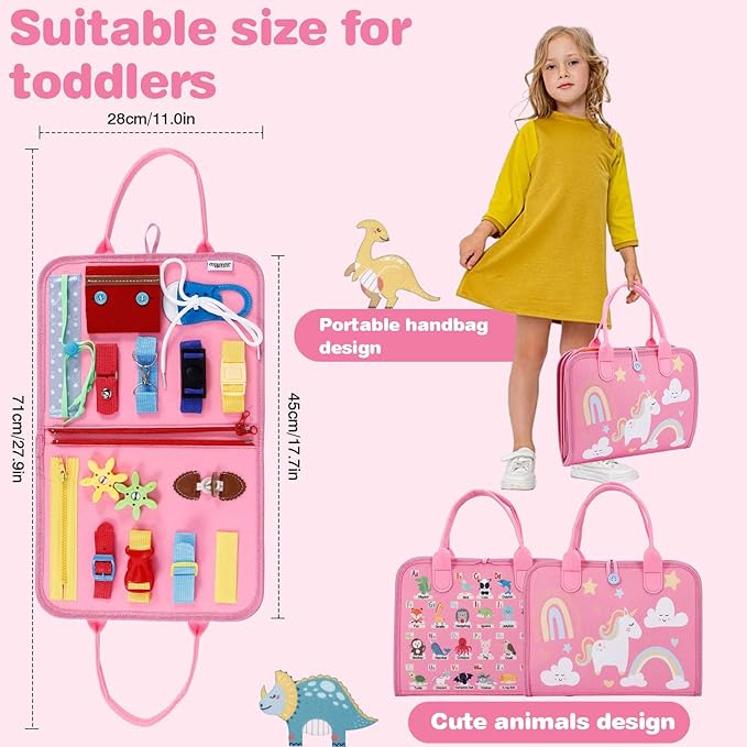 JHkim Busy Board for Toddlers, Sensory Board Travel Toys Gifts for 1 2 3 4 Year Old Girls Boys, Montessori Toys to Learn Fine Motor Skills, Educational Activities Busy Book for Airplane Car (Pink)