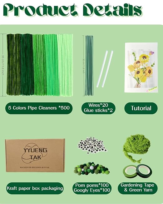 500 pcs Green Pipe Cleaners Craft(Diversified Accessories) - Fluffy Pipe Cleaners Green for Arts & Crafts, Ideal for Making Flowers, Animals & Decorations (12 x 0.24 inches),Chenille Stems
