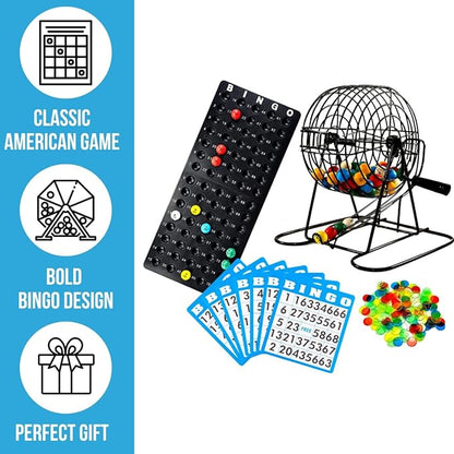 Regal Bingo Deluxe Bingo Game Set for Adults and Kids - Includes 8 Inch Bingo Wheel Cage, 75 Balls, Master Board, 50 Cards and Colorful Chips - Fun Family Bingo Night