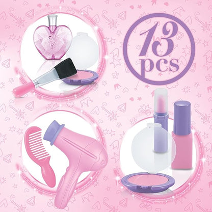 Pretend Play Makeup Kit Fake Make Up Set For Little Girls And Shoes - Toddler Little Girls Role Play with Earrings, Bracelets, Perfume, Hair Blower, Mascara, Blush, Comb, Lipstick, Brush -Age 3+