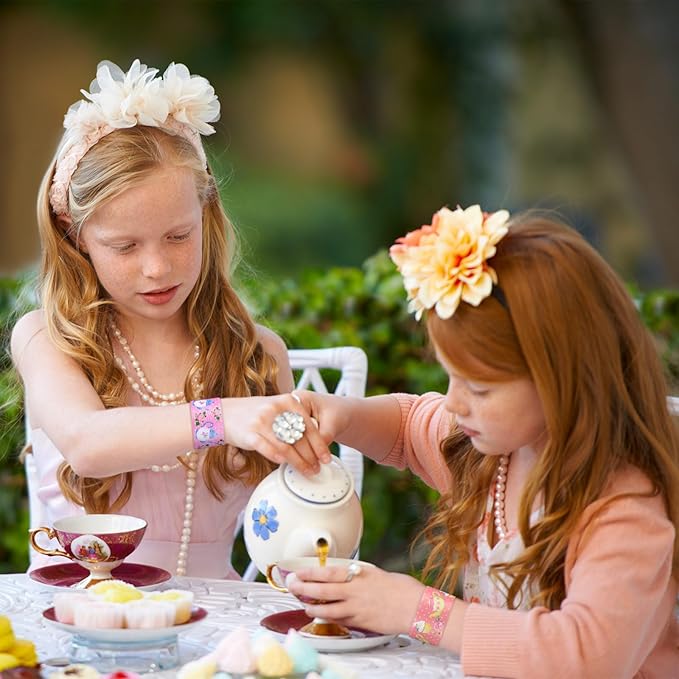 Junkin 48 Pcs Tea Party Favors Floral Slap Bracelet Supplies Tea Party Supplies Decoration Girls Pink Teapot Flower Bracelets for Partea Birthday Baby Shower Decor