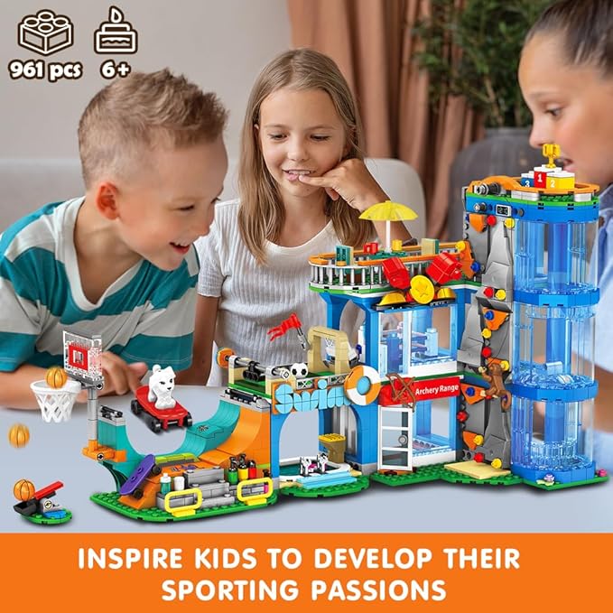 HOGOKIDS City Sports Gym Building Set - 8 in 1 Friend Sports Center Football Basketball Climbing Swimming Boxing Shooting Skateboard Building Block Kit Games Toy Birthday Gift for Kids Girls Boys 6+