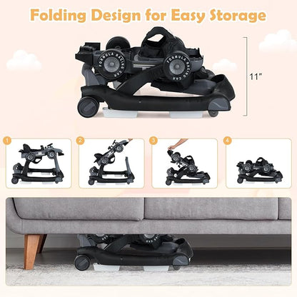 HONEY JOY 4-in-1 Baby Walker, Activity Push Walker w/3 Adjustable Heights, Smooth Wheels w/Adjustable Speed, Padded Seat, Music & Light, Foldable Car Walker for Baby Boys Girls Age 6 Months+ (Gray)